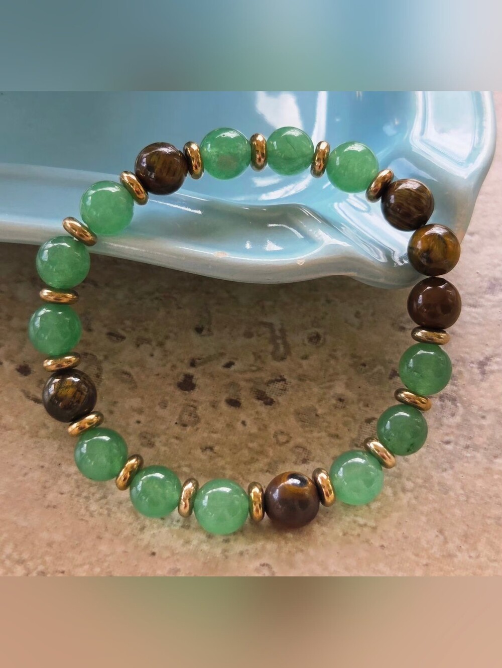 NWOT Green Aventurine & Tiger's Eye Beaded Stretch Bracelet Gold Accents